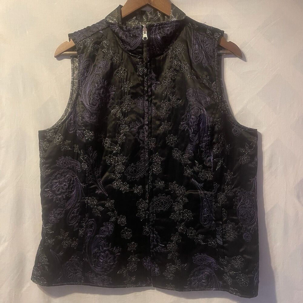 CHICOS Reversible Silk Blend Black Vest Purple&Silver Embroidered Zip Close 2 XL